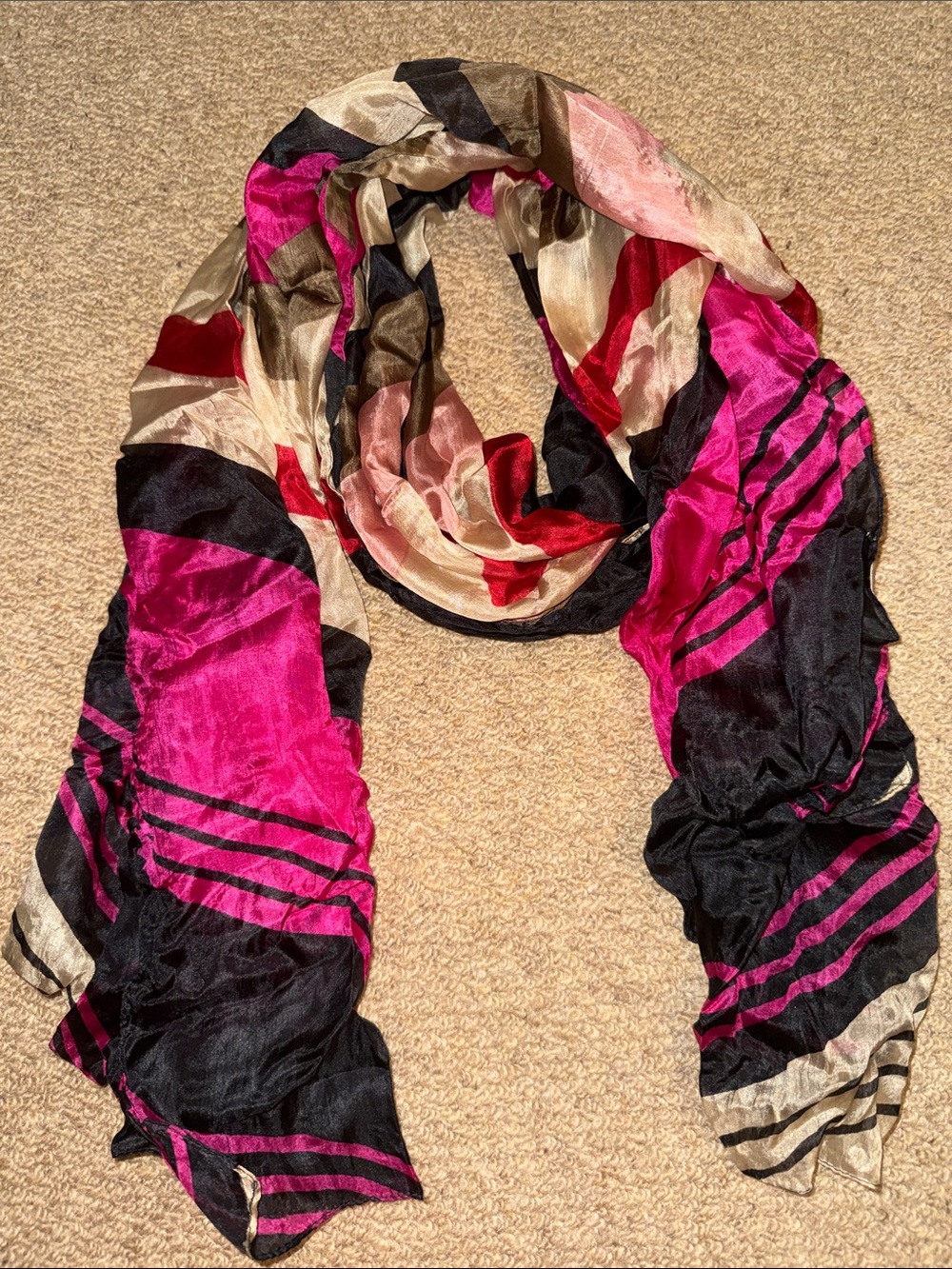 Stylish Silk Multi-Color Women's Fashion Scarf - Pink, Black & Cream